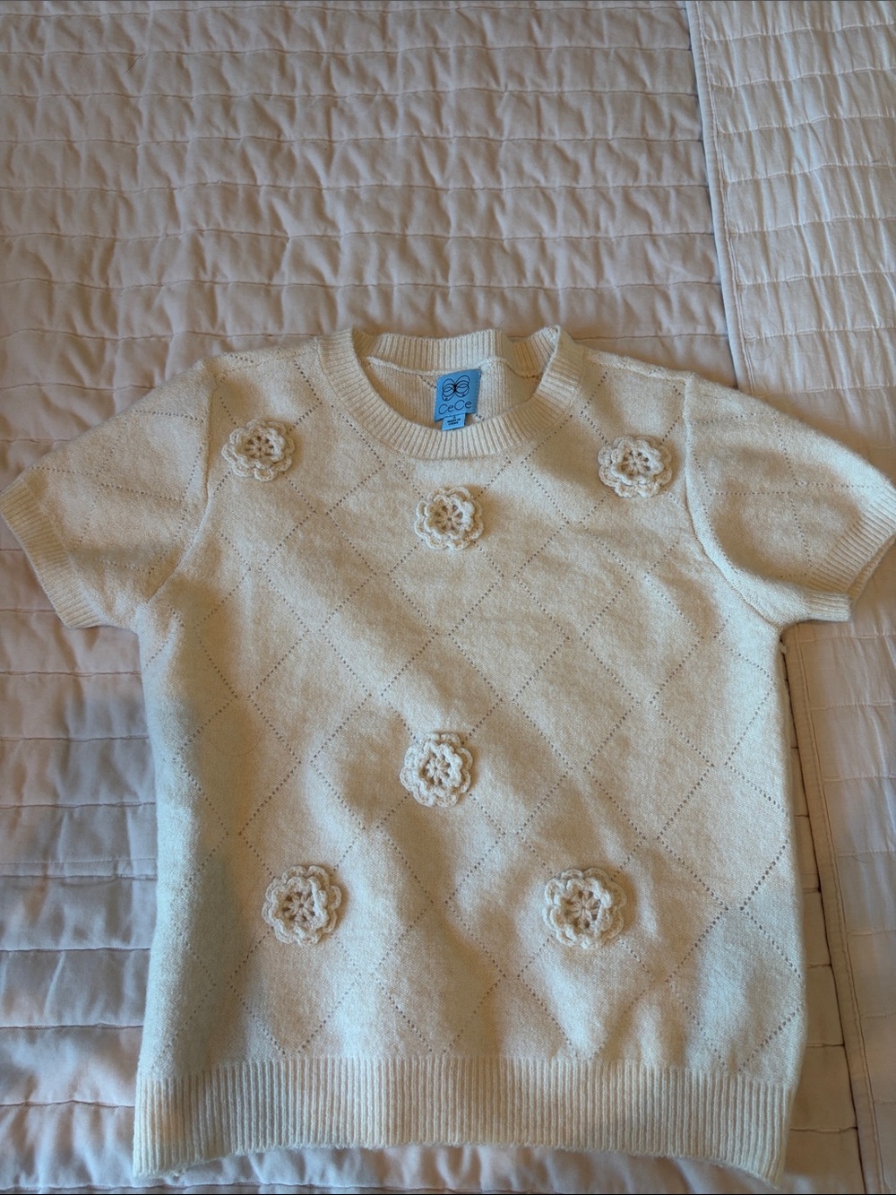 CeCe Cream Short-Sleeve Knit Top with Crochet Flower Appliqués